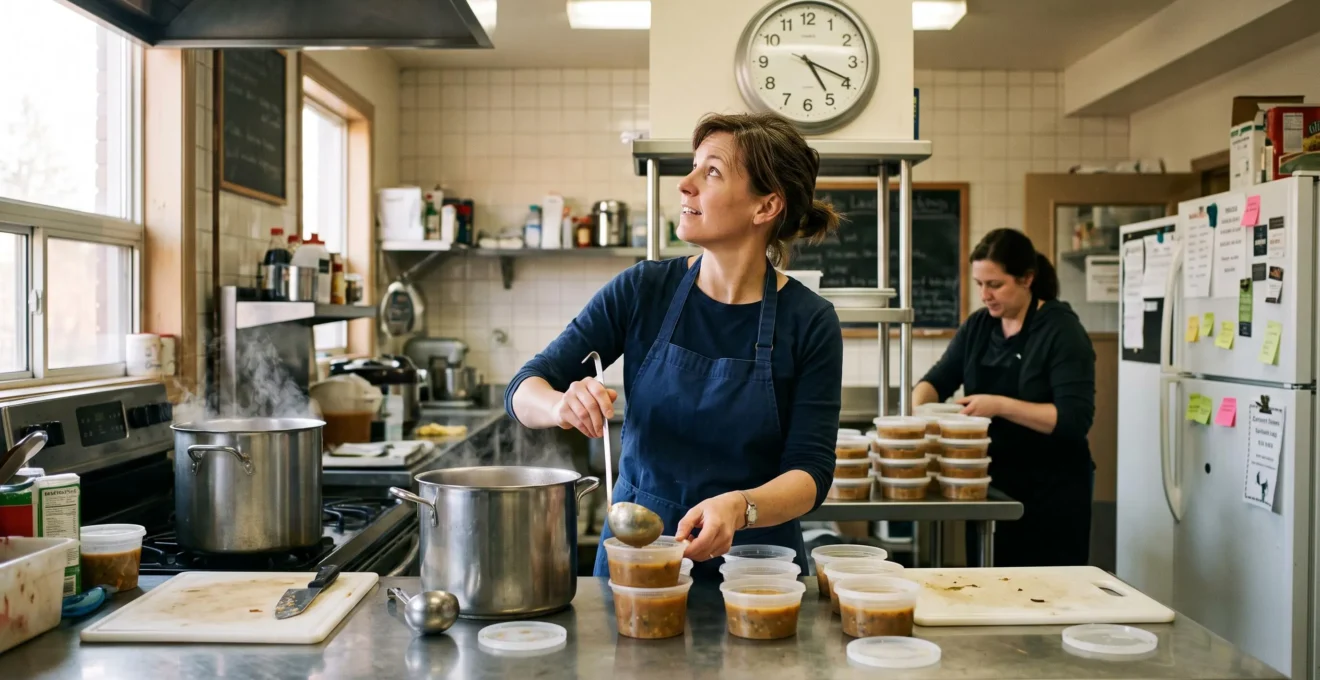 Une bénévole sert de la soupe dans des contenants dans une cuisine communautaire, près d'une horloge murale.