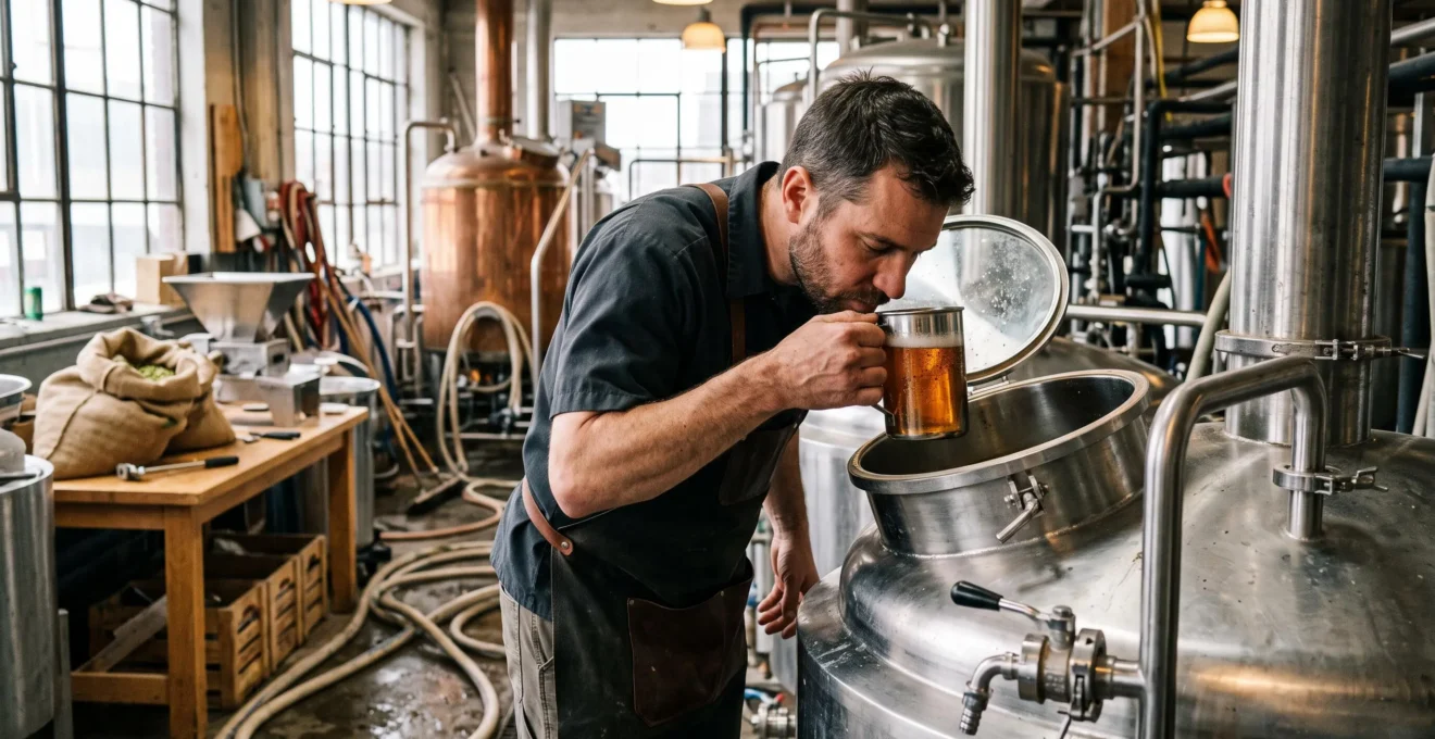 Un brasseur goûte une bière ambrée prélevée dans une cuve de fermentation dans une microbrasserie artisanale.