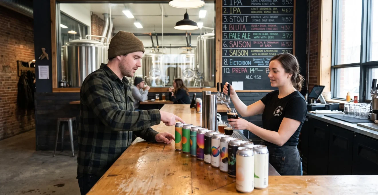 Un client compare plusieurs canettes de bière artisanale sur le comptoir d'une microbrasserie tandis qu'un employé sert des échantillons de dégustation.