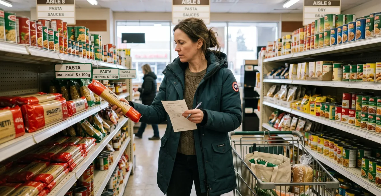 Une femme compare les prix au volume de deux paquets sur une étagère d'épicerie, liste de courses en main.
