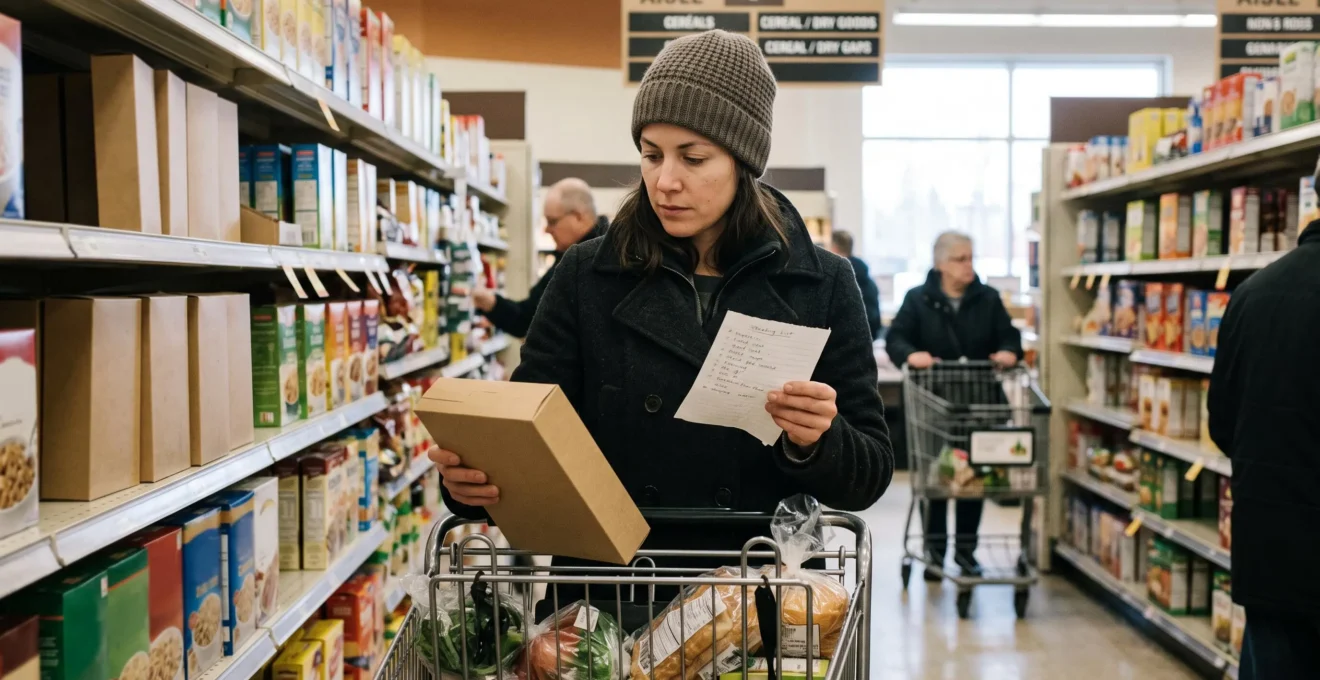 Une femme compare deux produits dans une allée d'épicerie avant de n'en choisir qu'un seul, avec une liste de courses à la main.