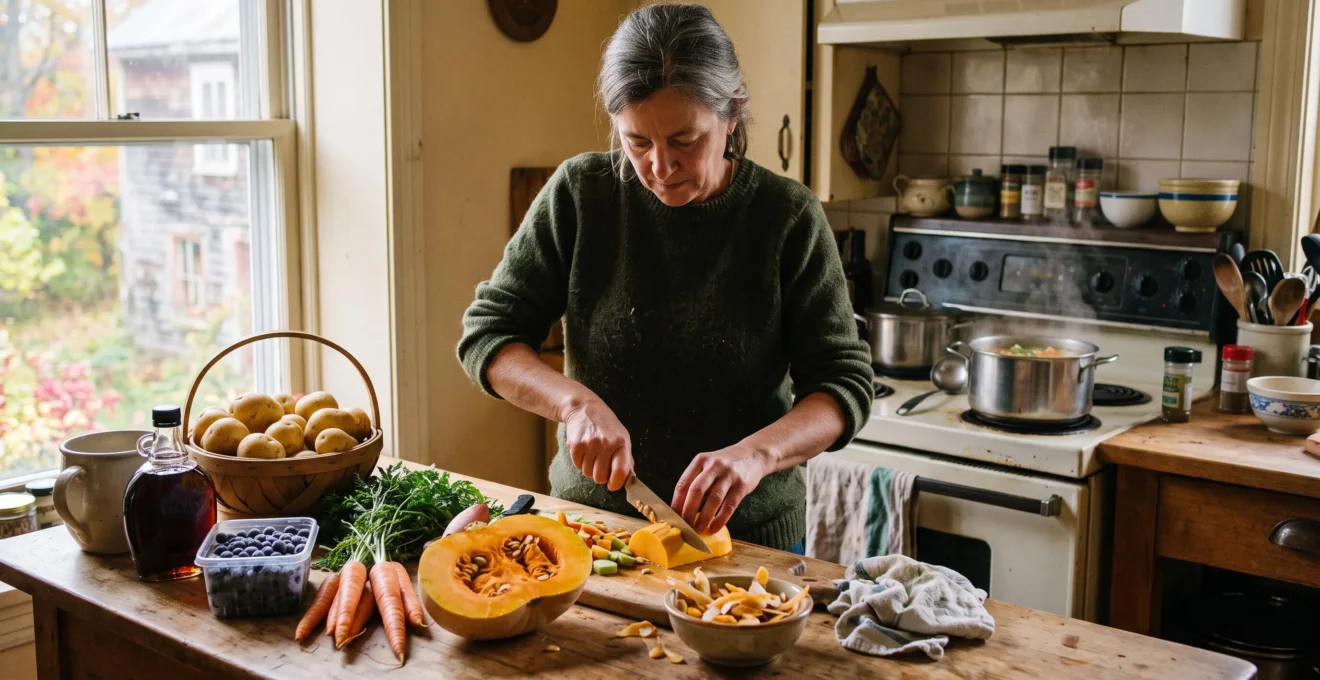 Une personne coupe une courge d'hiver dans une cuisine où sont disposés carottes, pommes de terre, sirop d'érable et baies, pendant qu'une soupe mijote.