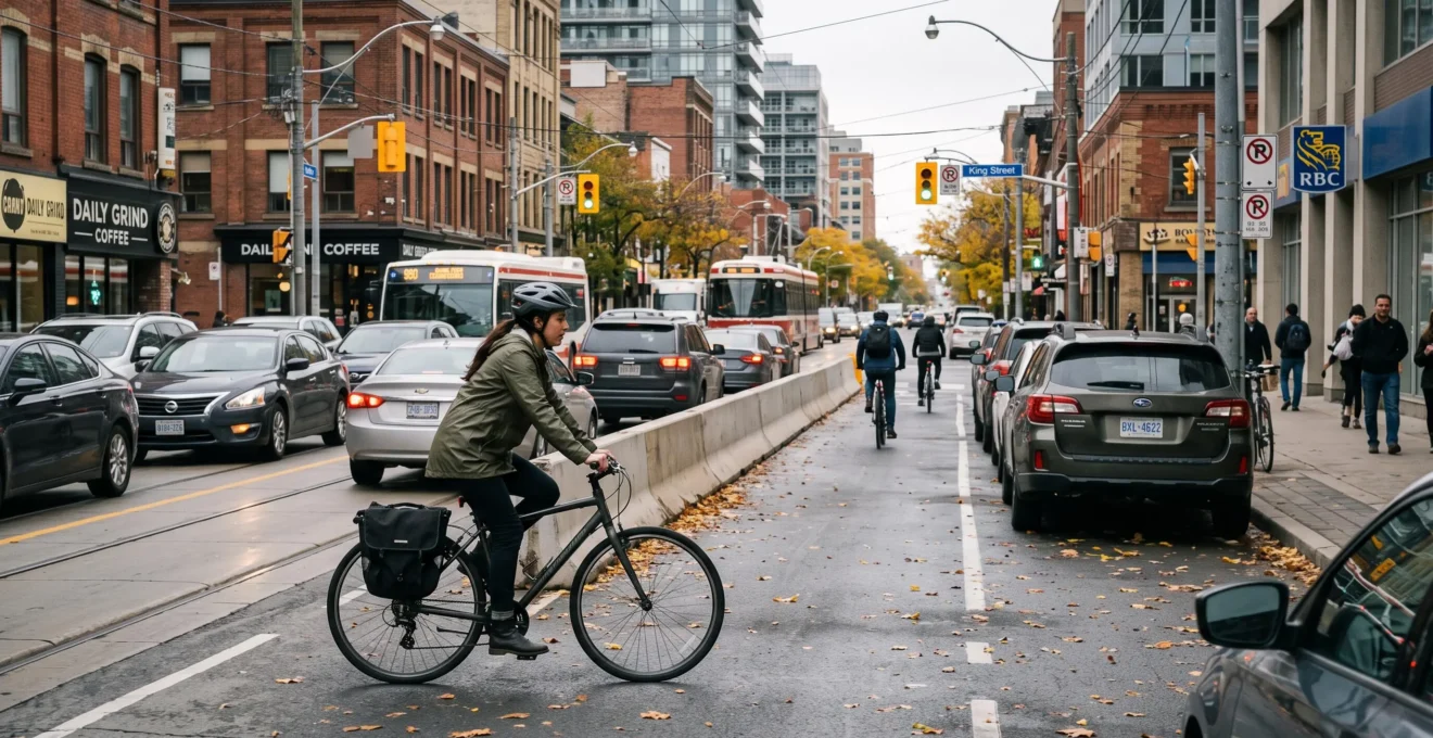 Un cycliste en tenue de ville circule sur une piste cyclable protégée en plein trafic urbain canadien au petit matin.