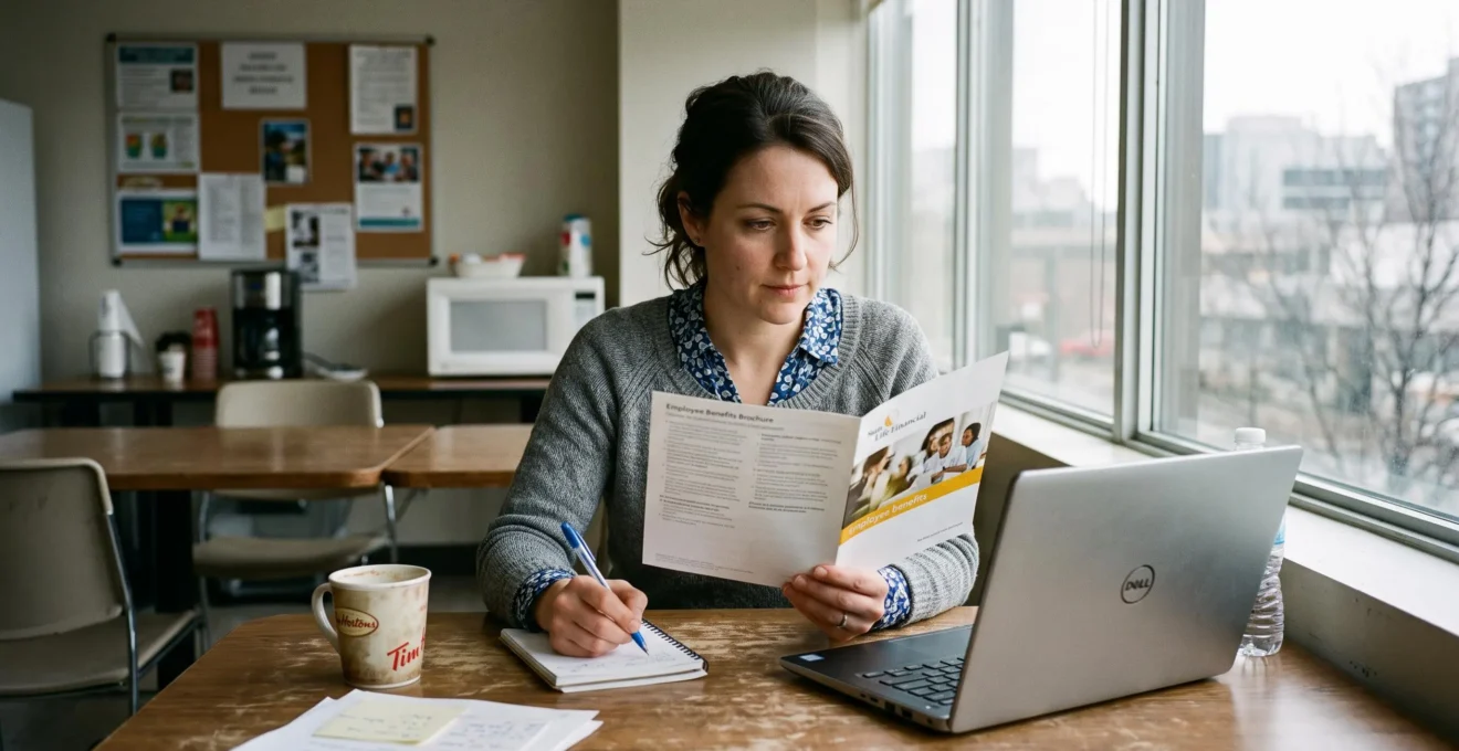 Une employée assise à une table de pause dans un bureau canadien lit une brochure sur les programmes d'aide aux employés et prend des notes.