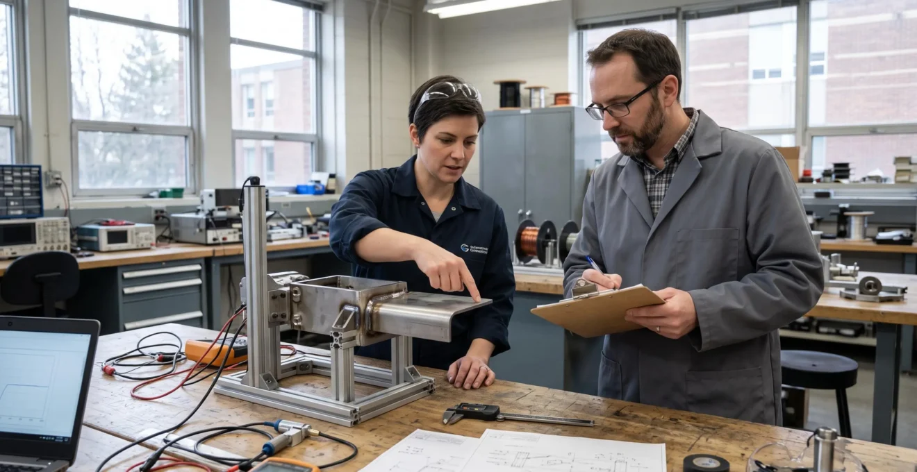 Un ingénieur d'entreprise et une chercheuse examinent ensemble un prototype monté sur un banc d'essai dans un laboratoire de recherche appliquée.