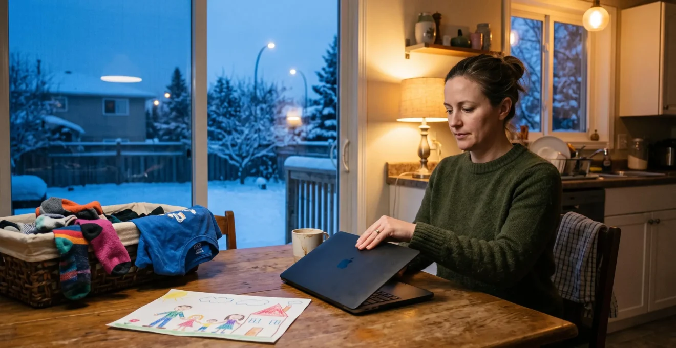 Une personne ferme son ordinateur portable de travail sur la table de la cuisine familiale, avec de la neige visible par la fenêtre au crépuscule.