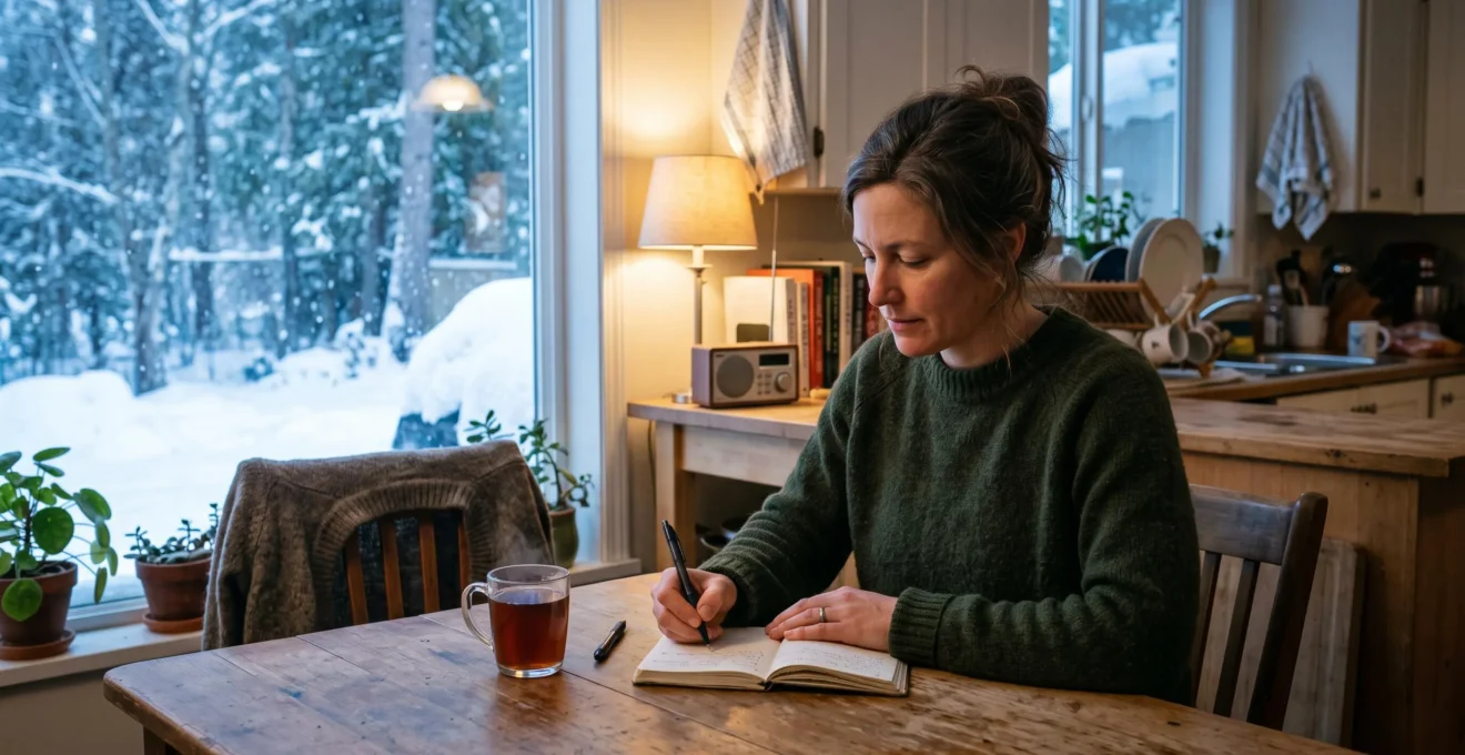 Une femme écrit dans un carnet à la table de sa cuisine en hiver, une tasse de thé à côté d'elle.