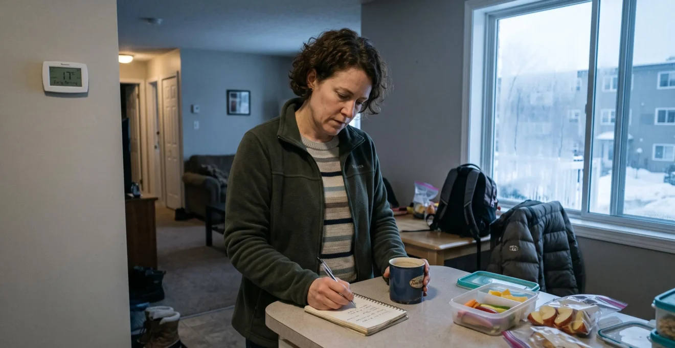 Une femme note dans un carnet dans sa cuisine au petit matin, entourée d'objets d'une journée déjà bien remplie.