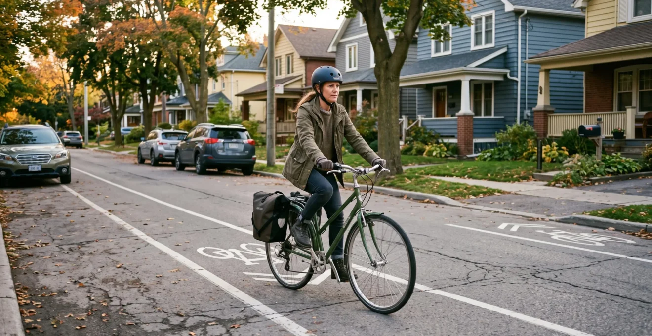 Une femme à vélo avec un sac panier circule sur une piste cyclable d'un quartier résidentiel canadien en fin d'après-midi.