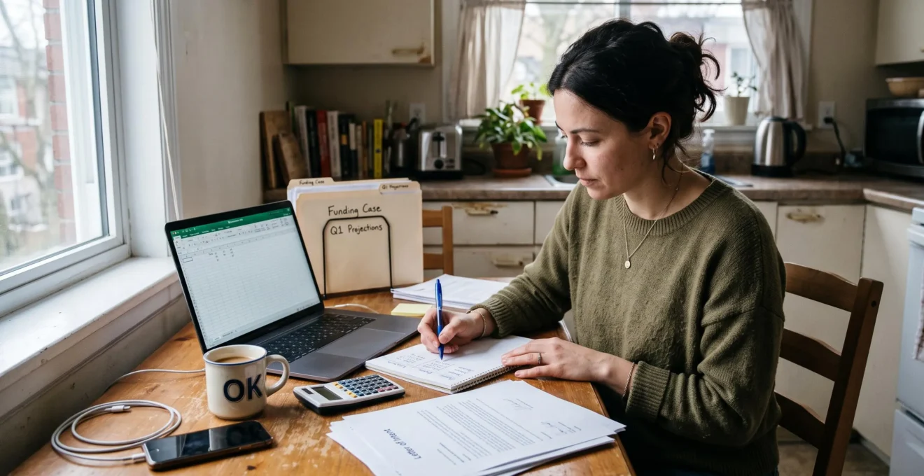 Une fondatrice prépare son dossier de financement à une table de sa cuisine, entourée de projections de trésorerie et de lettres d'intention imprimées.