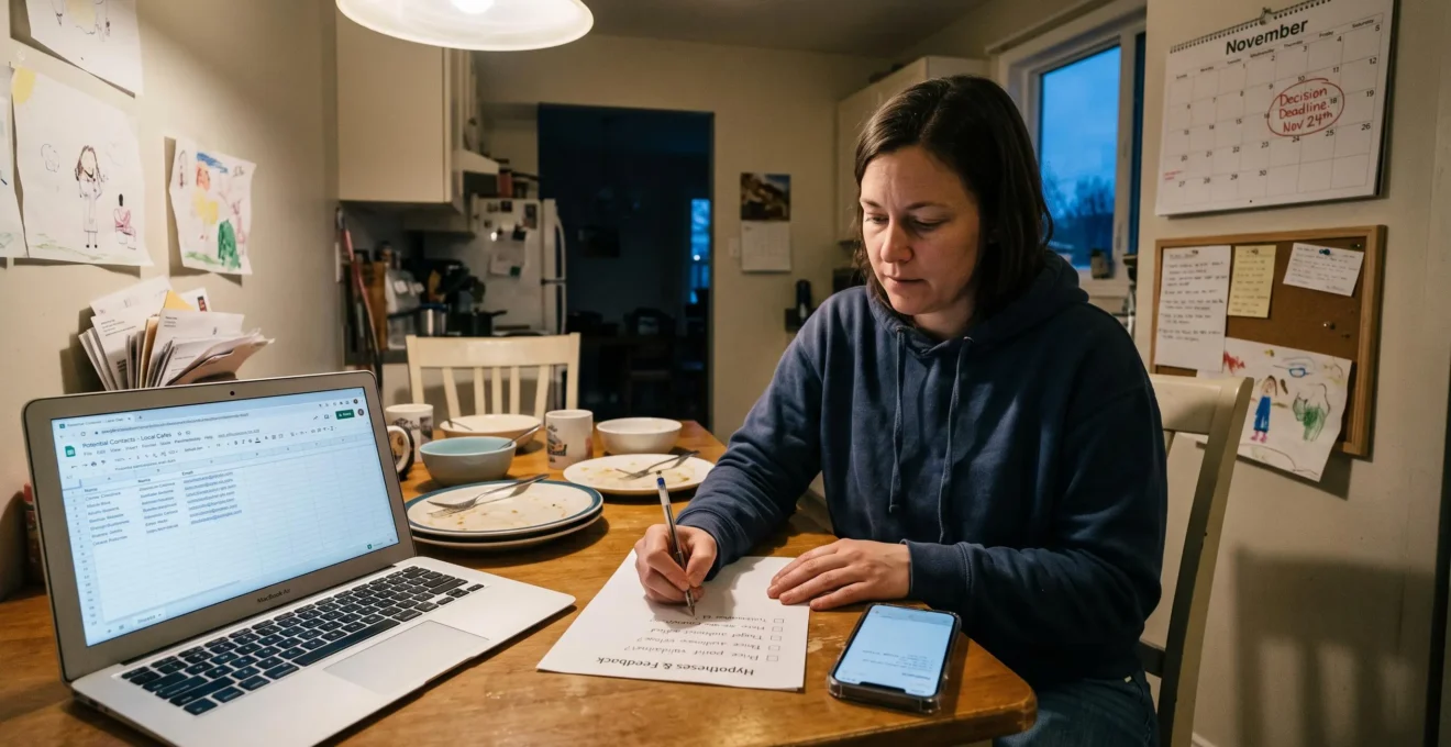 Une femme teste son idée d'entreprise à la table de sa cuisine le soir, en notant des hypothèses sur une liste à côté de son ordinateur portable.