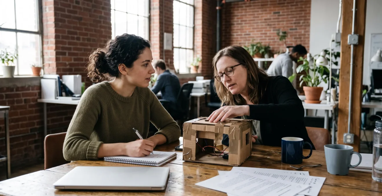 Une fondatrice présente un prototype artisanal à un premier client lors d'une séance de validation dans un espace de travail partagé.