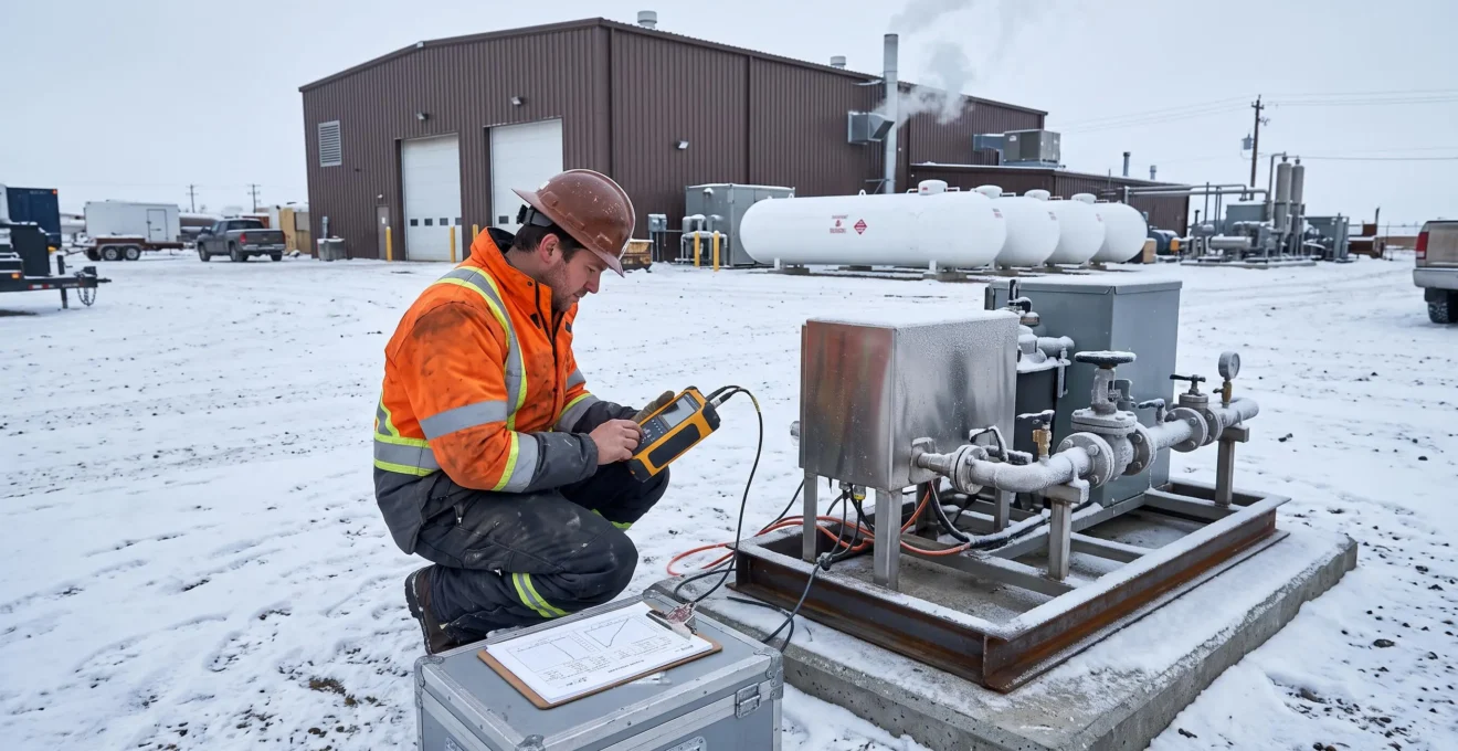 Un ingénieur mesure en hiver les performances d'une installation pilote de technologie propre sur un site industriel canadien.