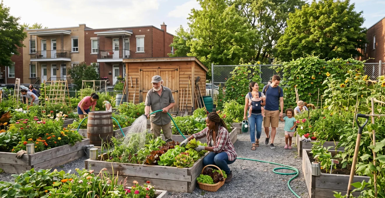 Des jardiniers d'âges différents travaillent côte à côte dans les parcelles surélevées d'un jardin communautaire urbain au Canada.