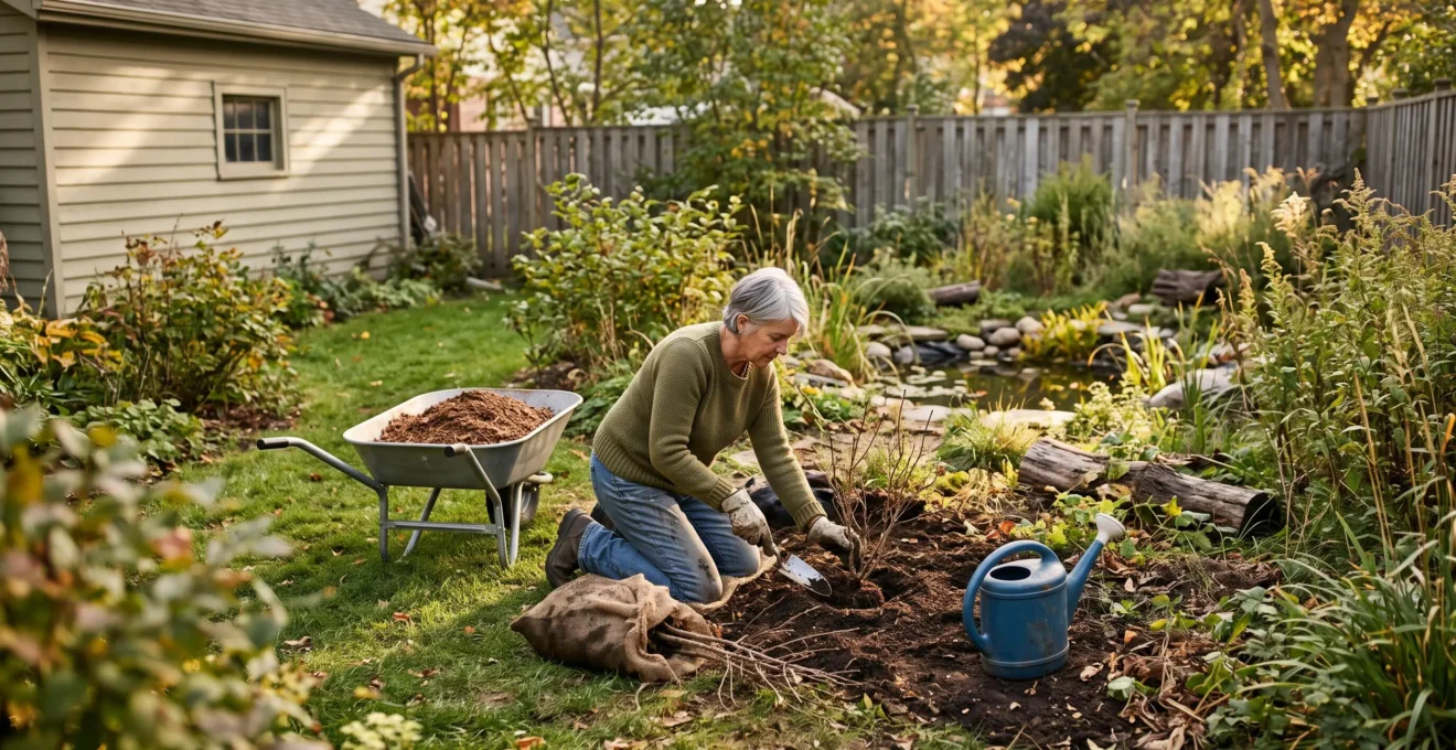 Une femme plante un jeune arbuste indigène dans un jardin en partie naturalisé avec une mare et des herbes hautes en arrière-plan.