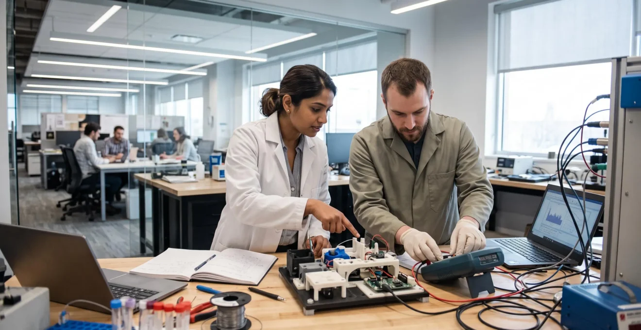 Un ingénieur et une technicienne de recherche examinent ensemble un prototype dans un laboratoire de recherche appliquée.