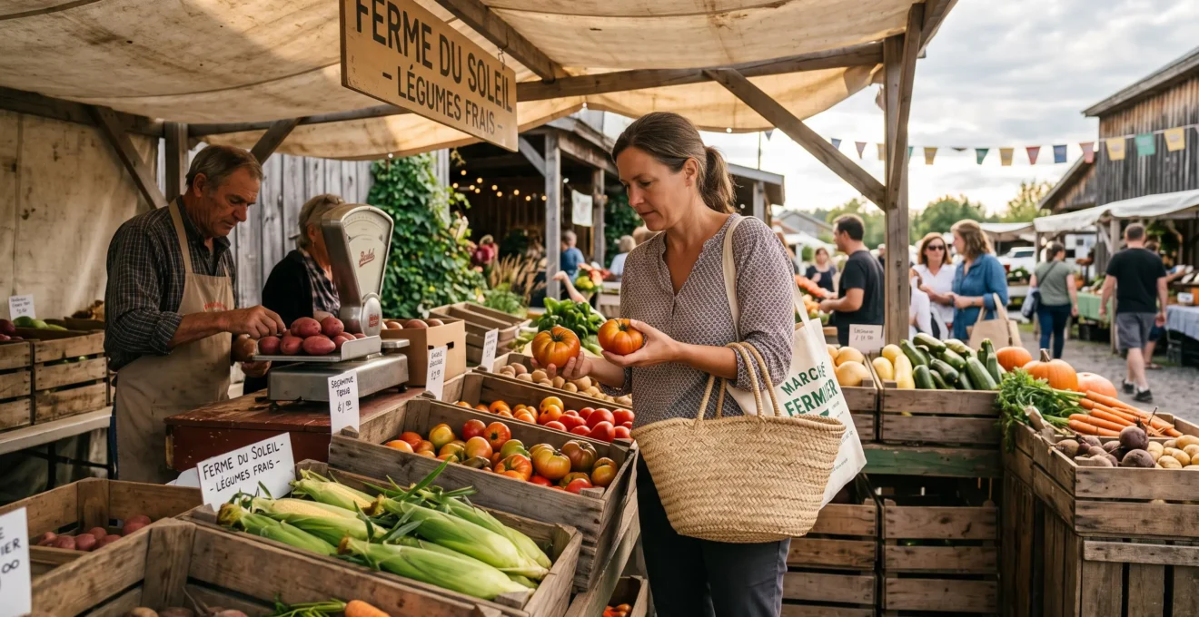Une cliente compare des tomates dans son panier sur un étal de légumes de saison d'un marché fermier au Québec.