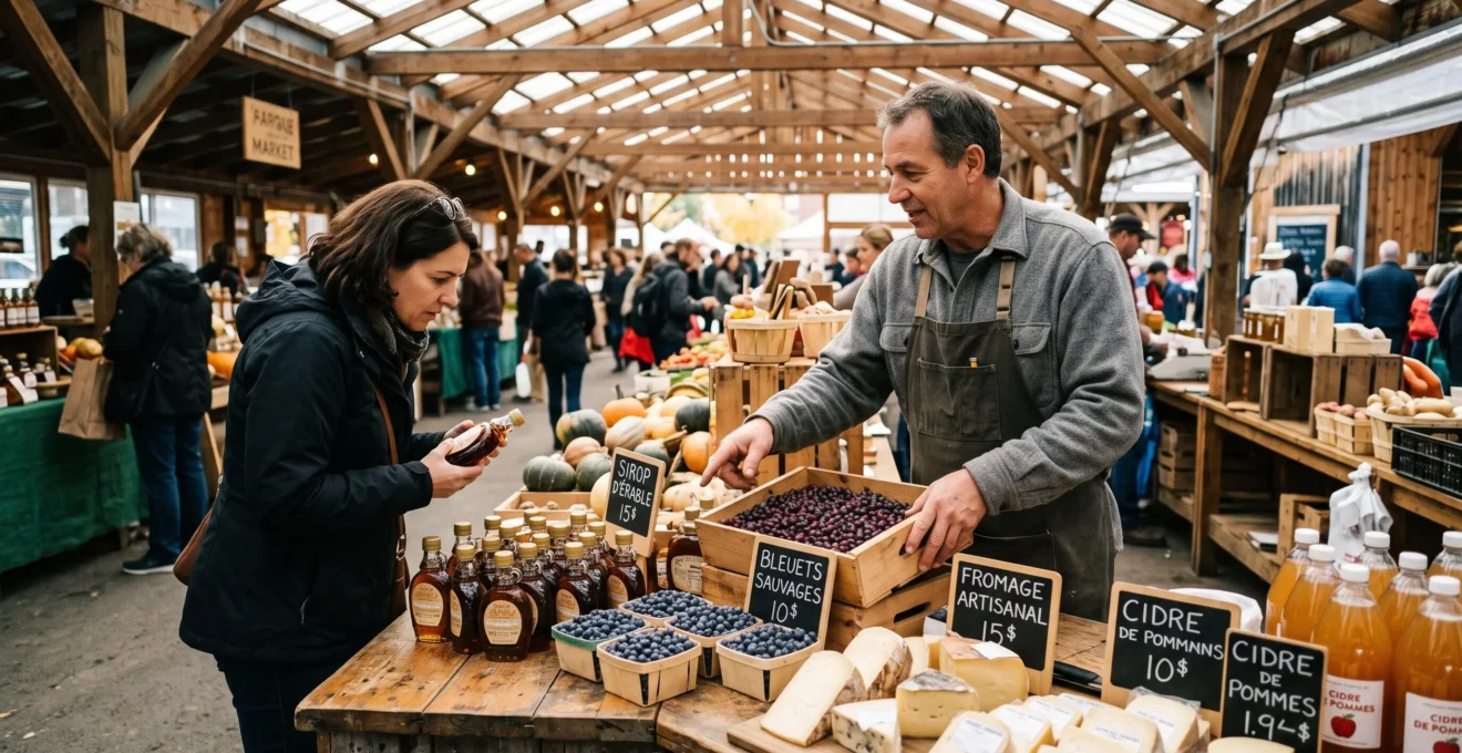 Un producteur présente des produits du terroir québécois, dont du sirop d'érable et des fromages, à un client dans une halle de marché.