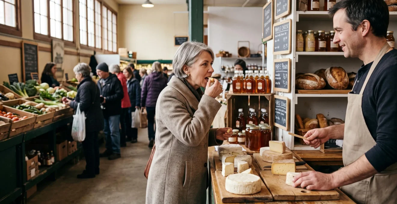 Une cliente goûte un échantillon de fromage artisanal à l'étal d'un producteur dans un marché public québécois animé.