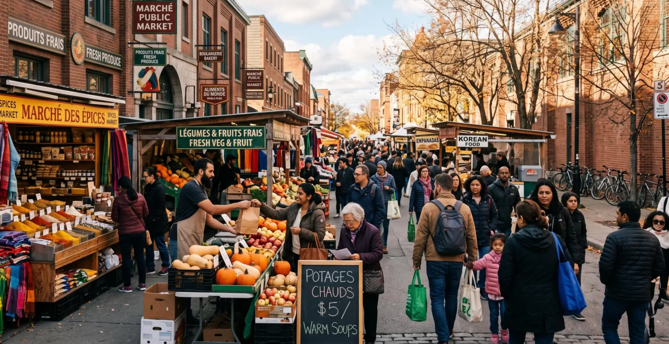 Une foule diversifiée circule entre les étals d'un marché public animé dans une rue commerciale canadienne.
