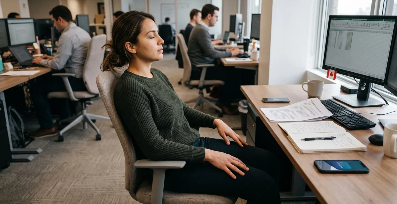 Un employé de bureau assis à son poste de travail, les yeux fermés, les pieds au sol et les épaules relâchées, prend une courte pause antistress au milieu de sa journée de travail.