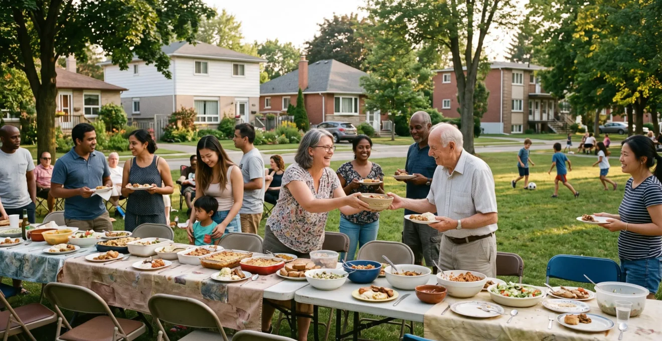 Des voisins d'âges et d'origines différentes partagent un repas autour de tables pliantes installées dans un parc de quartier.