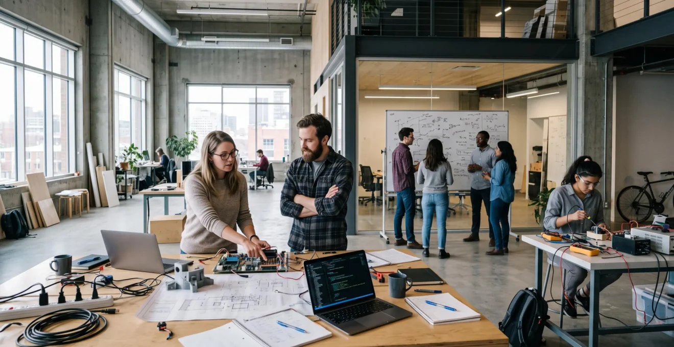 Des entrepreneurs et des chercheurs travaillent ensemble autour de prototypes et de schémas techniques dans un espace d'innovation ouvert à Montréal.