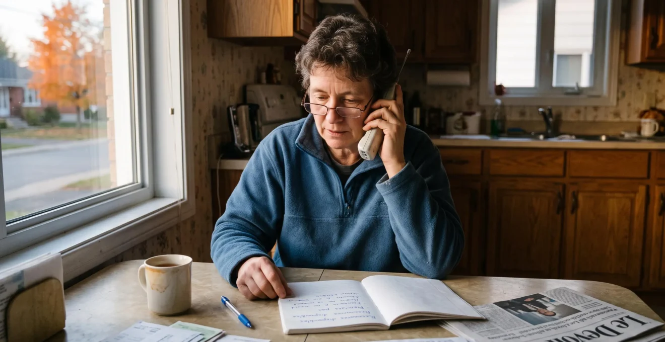 Une femme assise à la table de sa cuisine prend des notes dans un carnet tout en parlant au téléphone à un service de soutien psychologique.