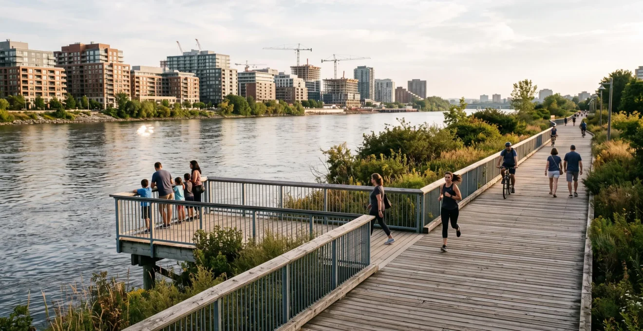 Une promenade surélevée en bois longe une rivière urbaine avec des visiteurs à pied et à vélo et une bande de végétation entre le sentier et la berge.