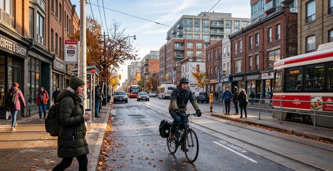 Des piétons, un cycliste et un tramway circulent sur une avenue urbaine canadienne par une matinée froide d'automne.