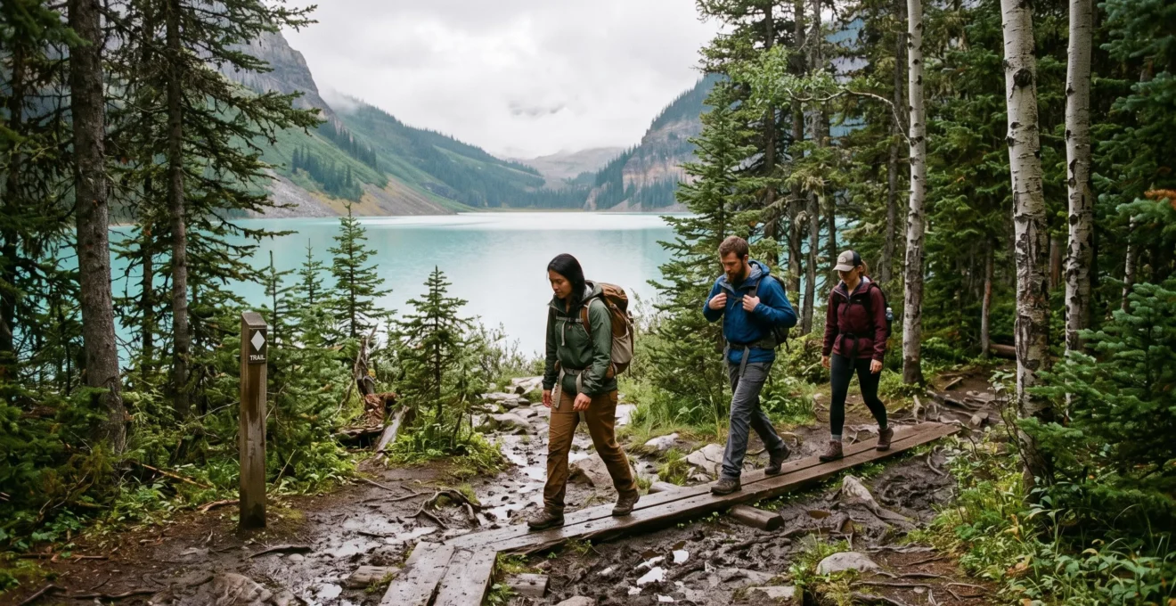 Des randonneurs marchent en file indienne sur un sentier balisé de forêt boréale canadienne, longeant un lac sous une lumière voilée.