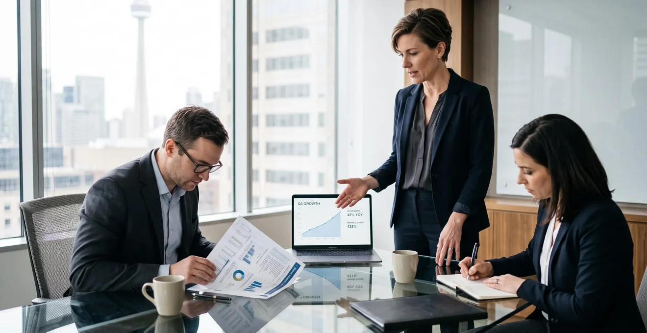 Une entrepreneure présente son entreprise à deux analystes d'un fonds d'investissement autour d'une table de réunion.