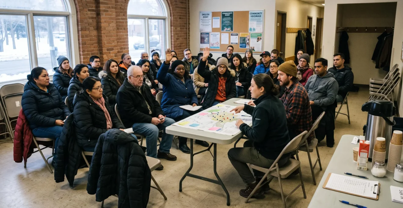 Des résidents assis sur des chaises pliantes participent à une réunion de quartier dans un centre communautaire canadien, tandis que deux organisateurs bénévoles montrent une carte du quartier sur une table.