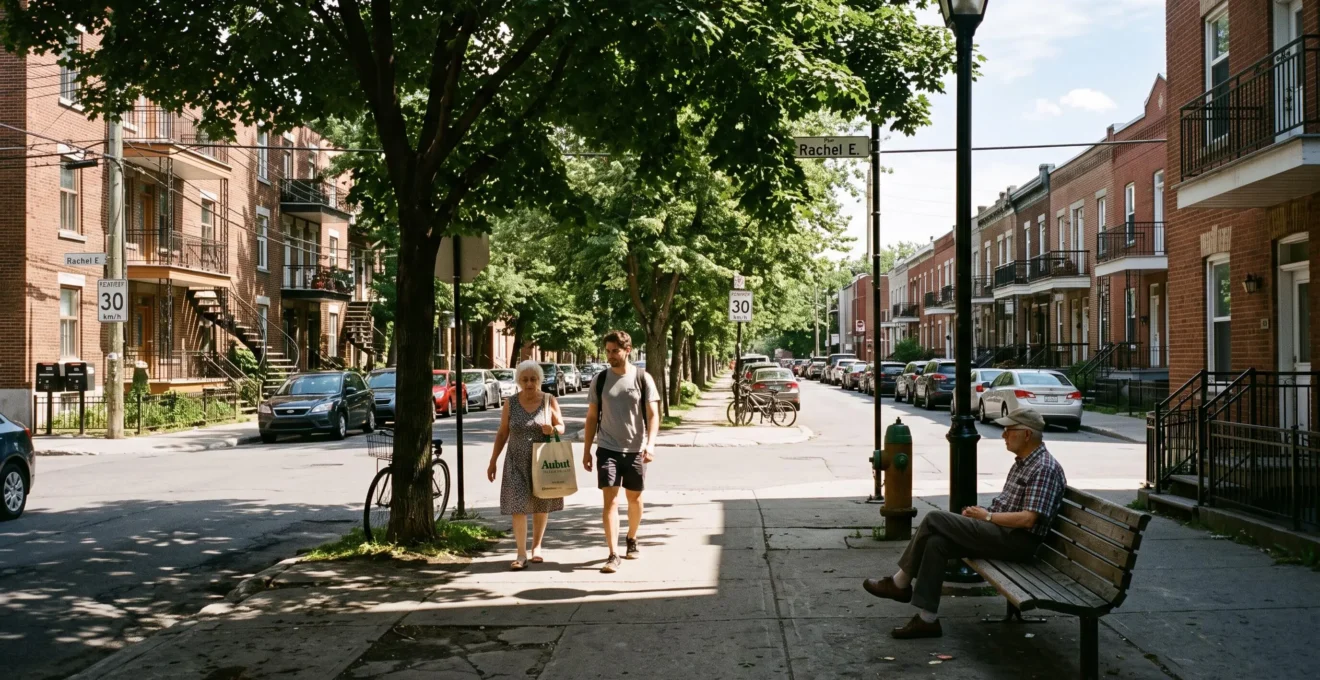 Une rue résidentielle arborée d'une ville canadienne où des piétons marchent à l'ombre des arbres pendant une chaude journée d'été.