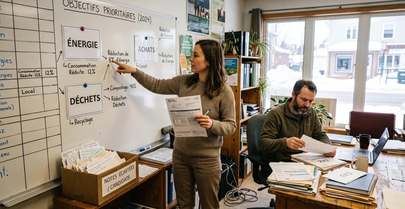 Une coordonnatrice d'une petite organisation canadienne sélectionne trois priorités environnementales sur un tableau de planification en tenant une facture d'énergie.