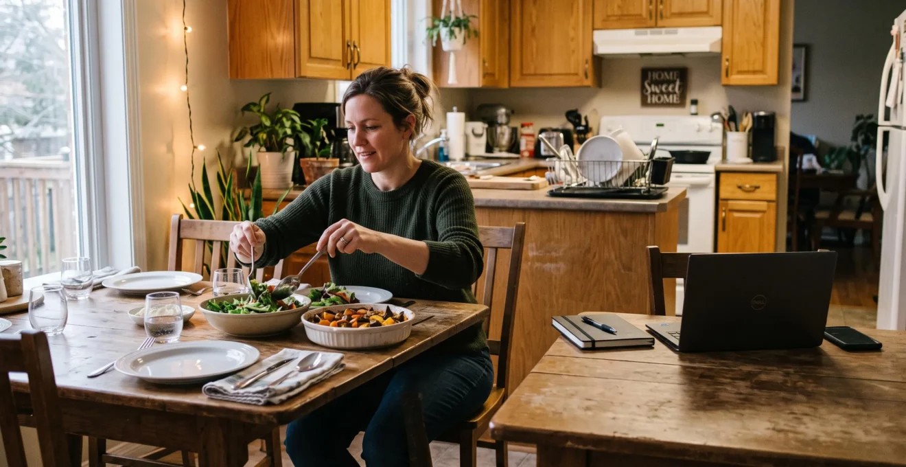 Une personne sert le dîner à une table où un ordinateur portable de travail et un téléphone sont posés à l'autre extrémité, dans une maison au Canada.