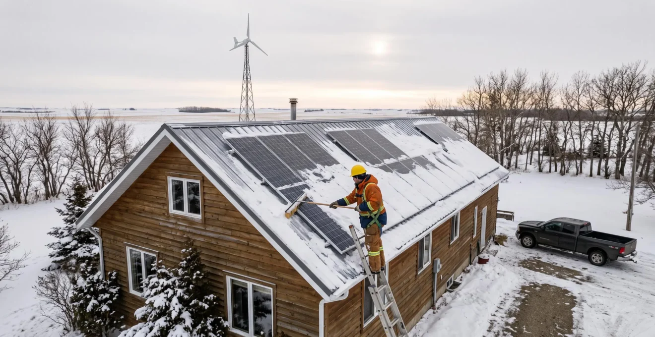 Un technicien en tenue d'hiver déneige des panneaux solaires sur le toit d'une maison canadienne, avec une petite éolienne domestique en arrière-plan dans un champ enneigé.