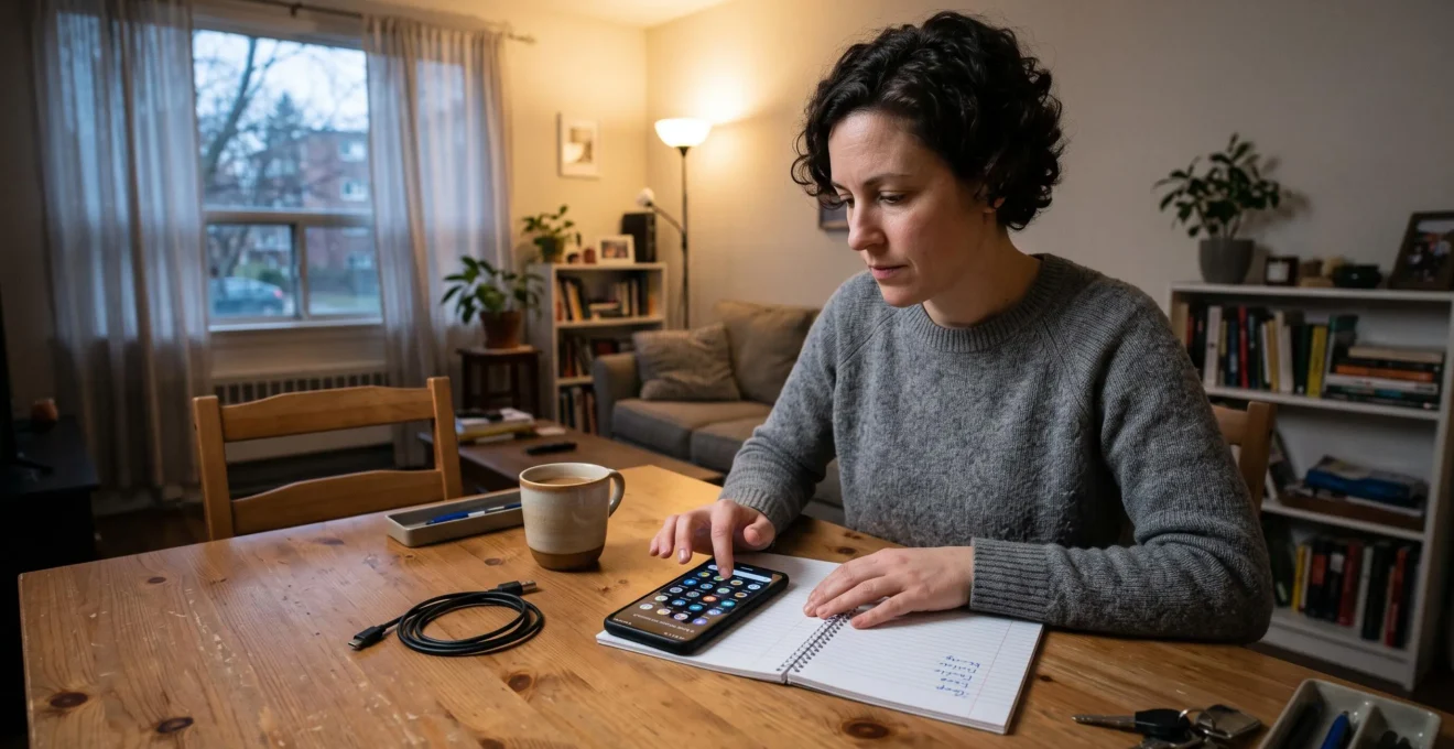 Une personne assise à une table compare l'écran d'accueil de son téléphone rempli d'applications avec une liste écrite dans un carnet.