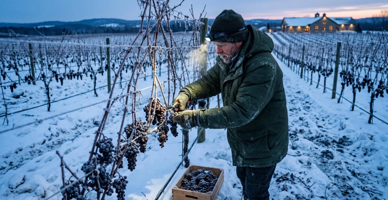 Un viticulteur coupe des grappes de raisins gelés dans un vignoble canadien enneigé au crépuscule, pendant les vendanges d'hiver du vin de glace.