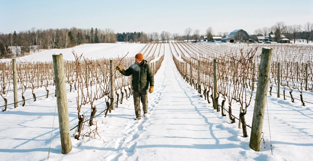 Un travailleur de vignoble en vêtements d'hiver inspecte une vigne nue dans un vignoble canadien couvert de neige par un matin froid.