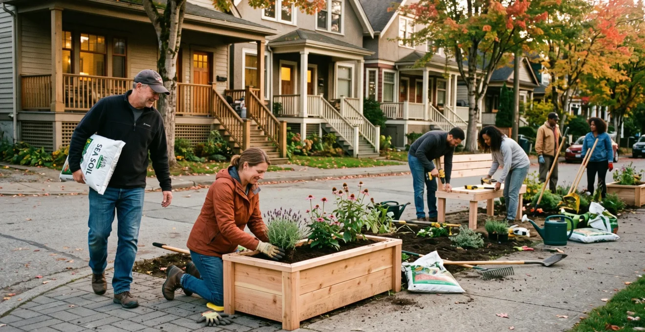 Des voisins aménagent ensemble un coin de rue avec des bacs de plantation en bois lors d'une journée d'automne dans un quartier résidentiel.